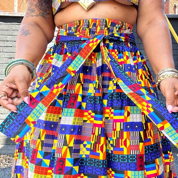 Tribal Abstract Mix Wax Print Cotton Tie Waist Maxi Skirt One Size Plus Size - Picture 10 of 12